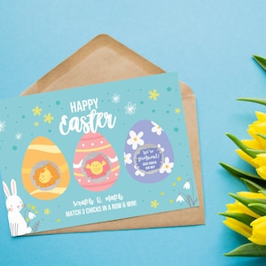 Ostern Rubbellos, Schwangerschaftsanzeige, Reveal 3 Küken zu gewinnen, Überraschungsbabyanzeige, personalisierte Geburtsanzeige