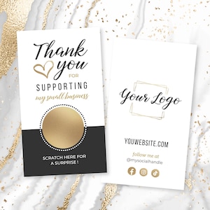 Cartes de remerciement avec logo personnalisé à gratter, Cartes de remerciement pour petite entreprise, Cartes de réduction, Cartes d'entreprise à gratter, Noir et or