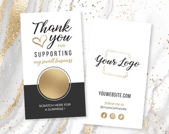 Scratch Off Custom Logo Thank you Cards, Small Business Thank You Cards, Discount Cards, Business Scratch Off Cards, Black and Gold