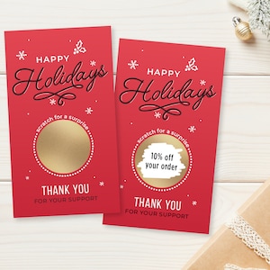 Boas festas, cartões de agradecimento com logotipo personalizado Scratch Off, cartões de agradecimento para pequenas empresas, cartões de desconto, Natal, vermelho e dourado