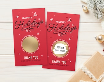 Happy Holidays, Scratch Off Custom Logo Thank you Cards, Small Business Thank You Cards, Discount Cards, Christmas, Red and Gold