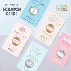 May include: Custom scratch cards in various pastel colors, featuring logos and text for businesses like photography, beauty salons, and gift shops. Each card has a scratch-off area for a surprise discount or prize.