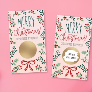 Feliz Natal, Cartões de agradecimento com logotipo personalizado Scratch Off, Cartões de agradecimento para pequenas empresas, Cartões de desconto, Natal, Vermelho e dourado