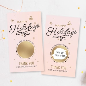 Boas festas, cartões de agradecimento com logotipo personalizado Scratch Off, cartões de agradecimento para pequenas empresas, cartões de desconto, Natal, rosa e dourado