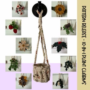 Peut inclure: Un porte-plante en crochet avec divers ornements de plantes crochetées, dont des fleurs et des fraises. Le texte "PATTERN RELEASE - 10-IN-1 PLANT CHARMS" est également visible. Les ornements sont de différentes couleurs.