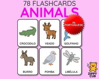 Animal Flash Cards, Brazilian Portuguese Printable Preschool Toddler Baby Learning Card Set for Kids, PDF Digital Download, A4 US Letter