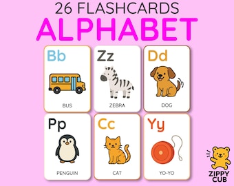 Alphabet Flash Cards, Printable Preschool Toddler Baby Learning Card Set for Kids Animal Object PDF Digital Download, A4 US Letter Printable