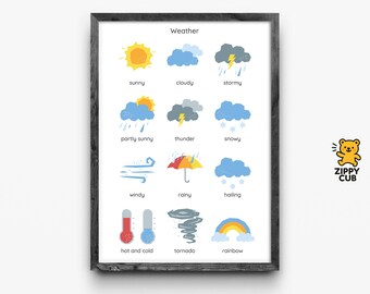 Weather Poster for Kids – Educational Chart | Printable Weather Sunny Cloudy Rainy Thunder Snow Tornado Wall Art | Instant Digital Download