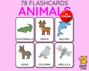 Animal Flash Cards, Italian Printable Preschool Toddler Baby Learning Card Set for Kids, PDF Digital Download, A4 US Letter Printables