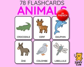 Animal Flash Cards, French Printable Preschool Toddler Baby Learning Card Set for Kids, PDF Digital Download, A4 US Letter Printables