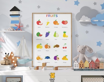 Fruits Poster for Kids – Printable Educational Wall Art | 16 Fruits Chart | Preschool & Homeschool Decor | Instant Digital Download