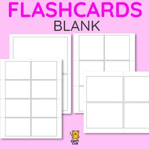 May include: White blank flashcards with dotted lines for easy cutting, arranged on a pink background. The text "FLASHCARDS BLANK" is displayed in pink and black. A small yellow bear logo is in the bottom right corner.