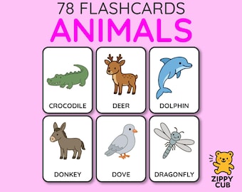 Animal Flash Cards, Printable Preschool Toddler Baby Learning Card Set for Kids, PDF Digital Download, A4 US Letter Printables