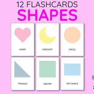 May include: Set of 12 flashcards featuring various shapes, including a pink heart, yellow crescent, and peach circle. Each card displays a shape with its name. The background is light pink, with the text "SHAPES" in bright pink.