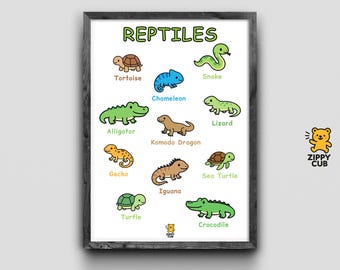 Reptiles Poster for Kids – Educational Animal Chart | 11 Reptiles Wall Art | Classroom & Nursery Decor | Instant Digital Download