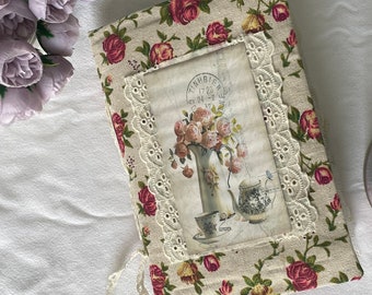 Junk Journal “Beautiful Flowers” floral fabric cover and postcard.