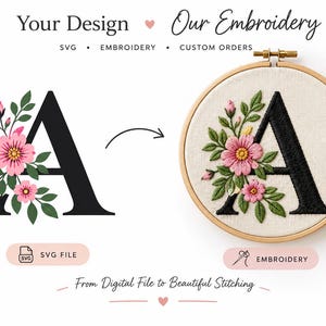 Könnte beinhalten: Eine digitale Grafik des Buchstabens A, verziert mit rosa Blumen und grünen Blättern, neben einem Stickrahmen, der denselben Buchstaben A auf cremefarbenem Stoff gestickt enthält. Der Text lautet Your Design, Our Embroidery, SVG und Embroidery.