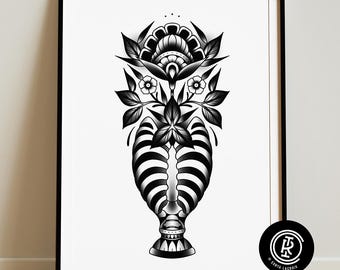 Rib Vase, Floral, Rot Iron Co., Traditional Tattoo Art Print, Black and White (12x16)
