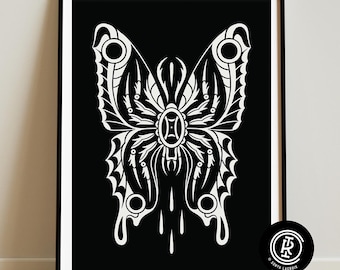 Spider Butterfly, Rot Iron Co., Traditional Tattoo Art Print, Black and White (12x16)
