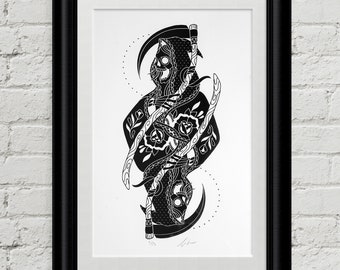 Death Wish, Rot Iron Co., Reaper, Roses, Traditional Tattoo Flash, Black and White, Old School, Art Print 12x18
