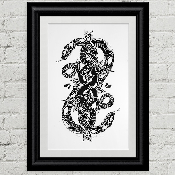 Intertwined, Rot Iron Co., Snakes, Roses, Screen Printed, Traditional Tattoo Flash, Black and White, Old School, Art Print 12x18