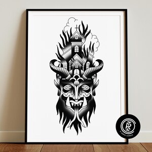 May include: A black and white art print in a black frame featuring a symmetrical illustration of a horned devil face with a long tongue, topped by a church building engulfed in stylised flames and clouds. The text ROT IRON CO appears at the top left.