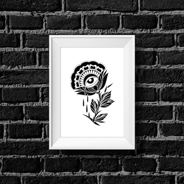 Pleurer Floral, Rot Iron Co., Flash de tatouage traditionnel, noir et blanc, Old School, Art Print 5 x 7