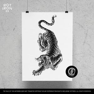 Japanese Tiger, Rot Iron Co., Traditional Tattoo Flash, Black and White, Old School, Art Print 12x16