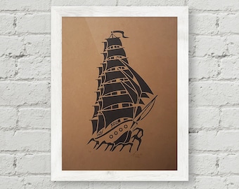 Clipper Ship – Craft Paper (Digital), Rot Iron Co., Traditional Tattoo Flash, Black and White, Old School, Art Print 8.5x11