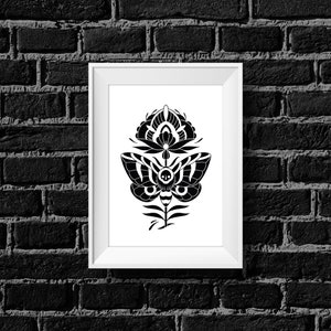 Moth Floral, Rot Iron Co., Traditional Tattoo Flash, Black and White, Old School, Art Print 5x7