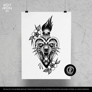 Tijgerkop Heilig Hart, Rot Iron Co., traditionele tattoo-flitser, zwart-wit, old school, kunstafdruk 12 x 16
