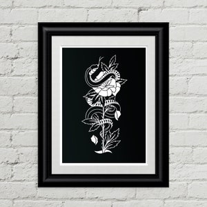 Snake & Rose, Rot Iron Co., Traditional Tattoo Flash, Black and White, Old School, Art Print 12x16