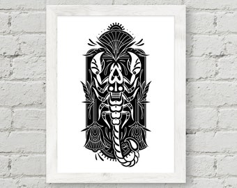 Deco Scorpion, Rot Iron Co., Traditional Tattoo Flash, Black and White, Old School, Art Print 8.5x11