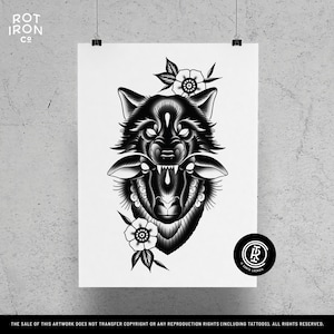Sheep in Wolf&#39;s Clothing, Rot Iron Co., Traditional Tattoo Flash, Black and White, Old School, Art Print 12x16