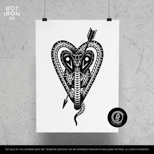 Cobra Heart, Arrows, Rot Iron Co., Traditional Tattoo Flash, Black and White, Old School, Art Print 12x16