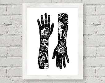 Handy Work, Rot Iron Co., Traditional Tattoo Flash, Black and White, Old School, Art Print 8.5x11