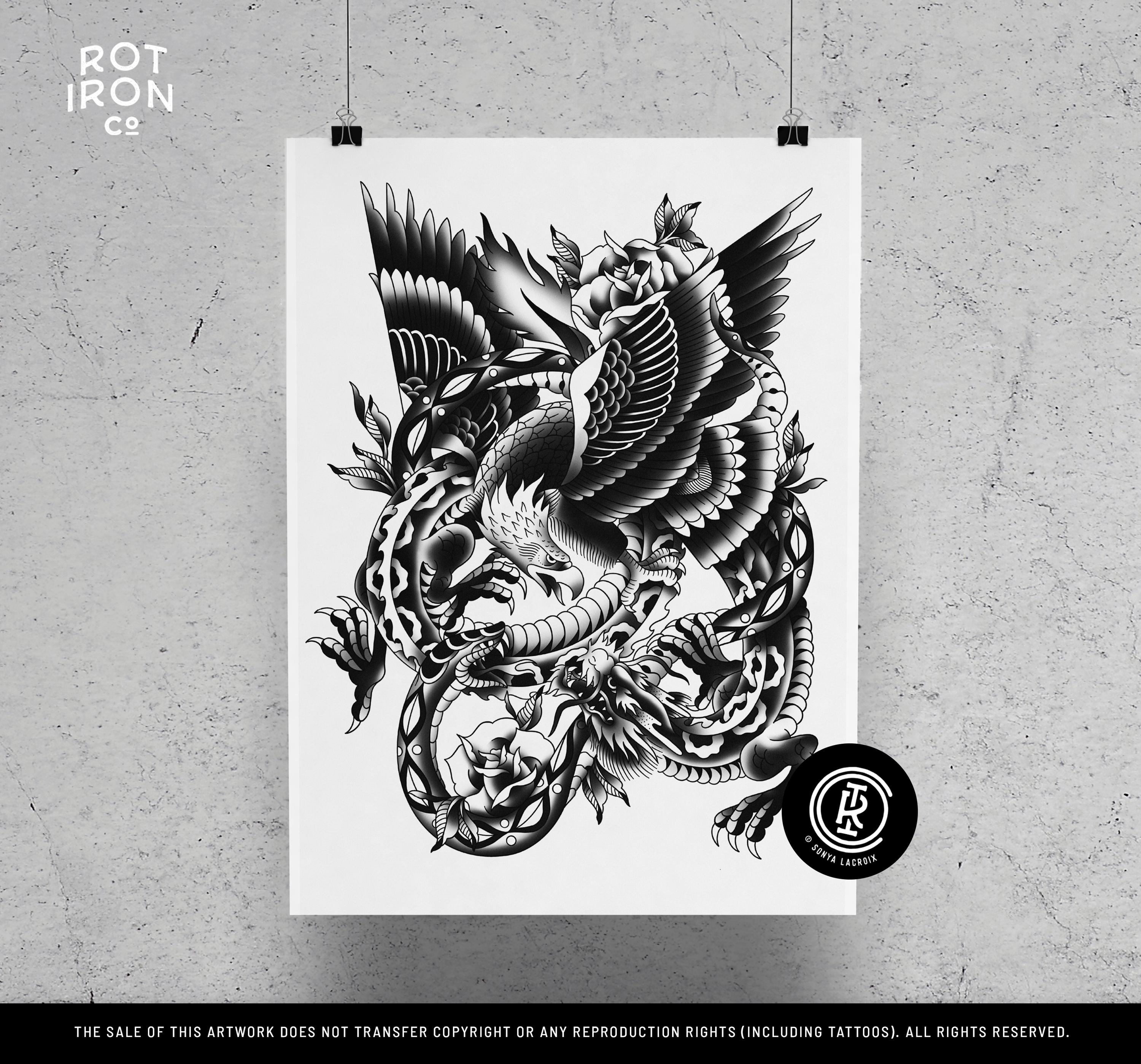 Battle Royale, Snake, Dragon, Eagle, Rot Iron Co., Traditional Tattoo Flash, Black and White, Old School, Art Print 12x16