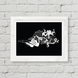May include: Black and white line art print of a stylized fish with a human-like body. The fish is depicted with flowing hair and a tail that resembles a human leg.
