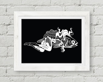 Reverse Mermaid, Rot Iron Co., Fish Lady, Traditional Tattoo Flash, Black and White, Old School, Art Print 11x8.5