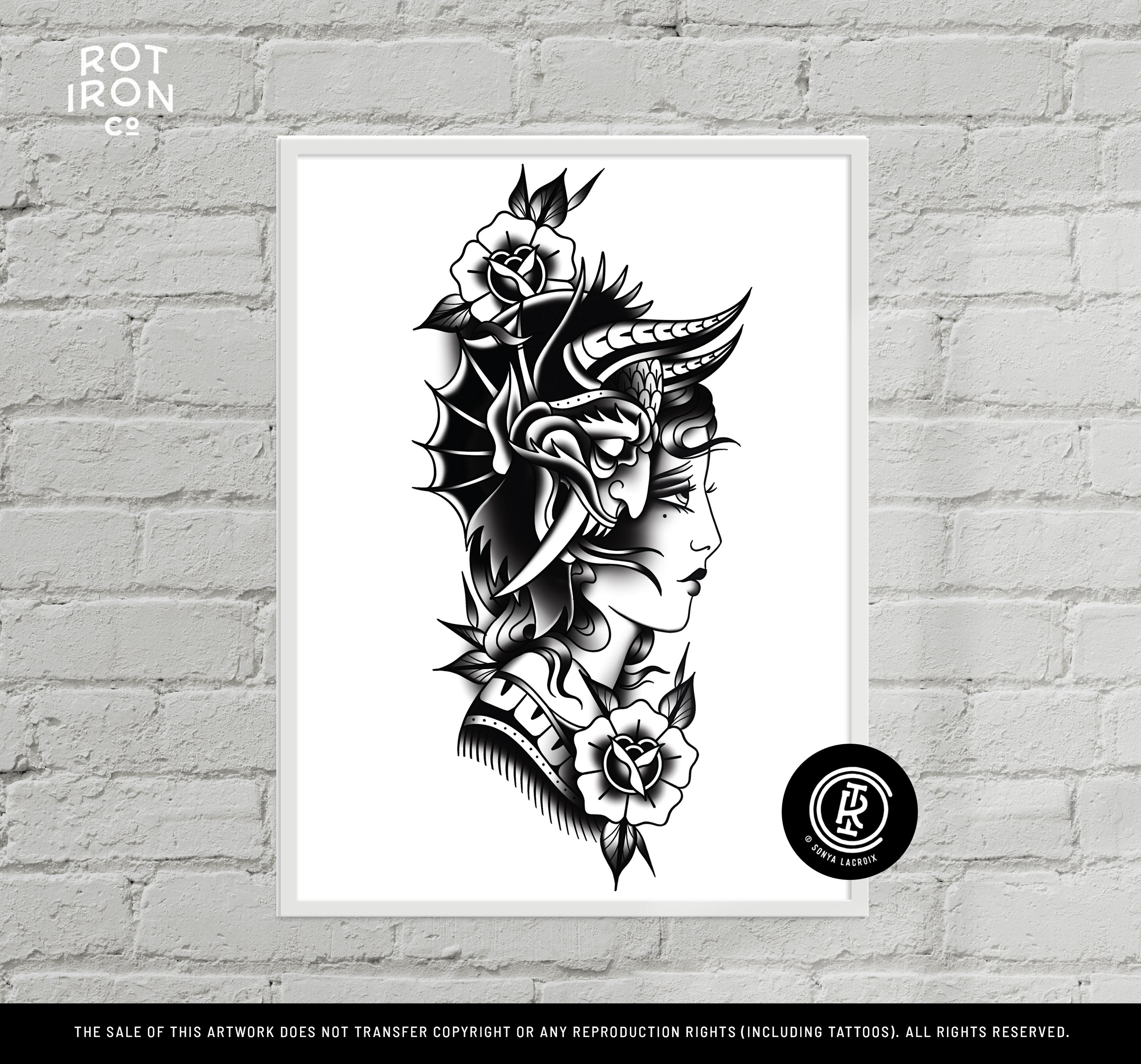 タトゥーフラッシュ・DEVIL woman デザイン TATTOO 刺青下絵資料 Devil on Your Shoulder, Lady Head, Rot Iron Co., Traditional
