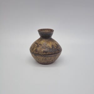 May include: A small, brown ceramic vase with a bulbous body and a narrow neck. The vase has a textured surface with a mottled, earthy color palette of brown and gold. The vase is likely for decorative purposes.