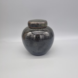 May include: A dark, speckled ceramic jar with a matching lid. The jar has a rounded shape and a glossy finish. The lid is flat and circular. The jar is a dark colour with flecks of lighter colour throughout.