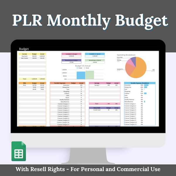 PLR Monthly Budget Spreadsheet | Resell Rights | PLR Spreadhseet| Personal Finances | Easy Google Sheets | Financial Planner Easy