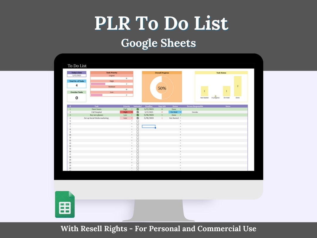 To Do List & Subtasks Google Sheets Template With Resell Rights. PLR