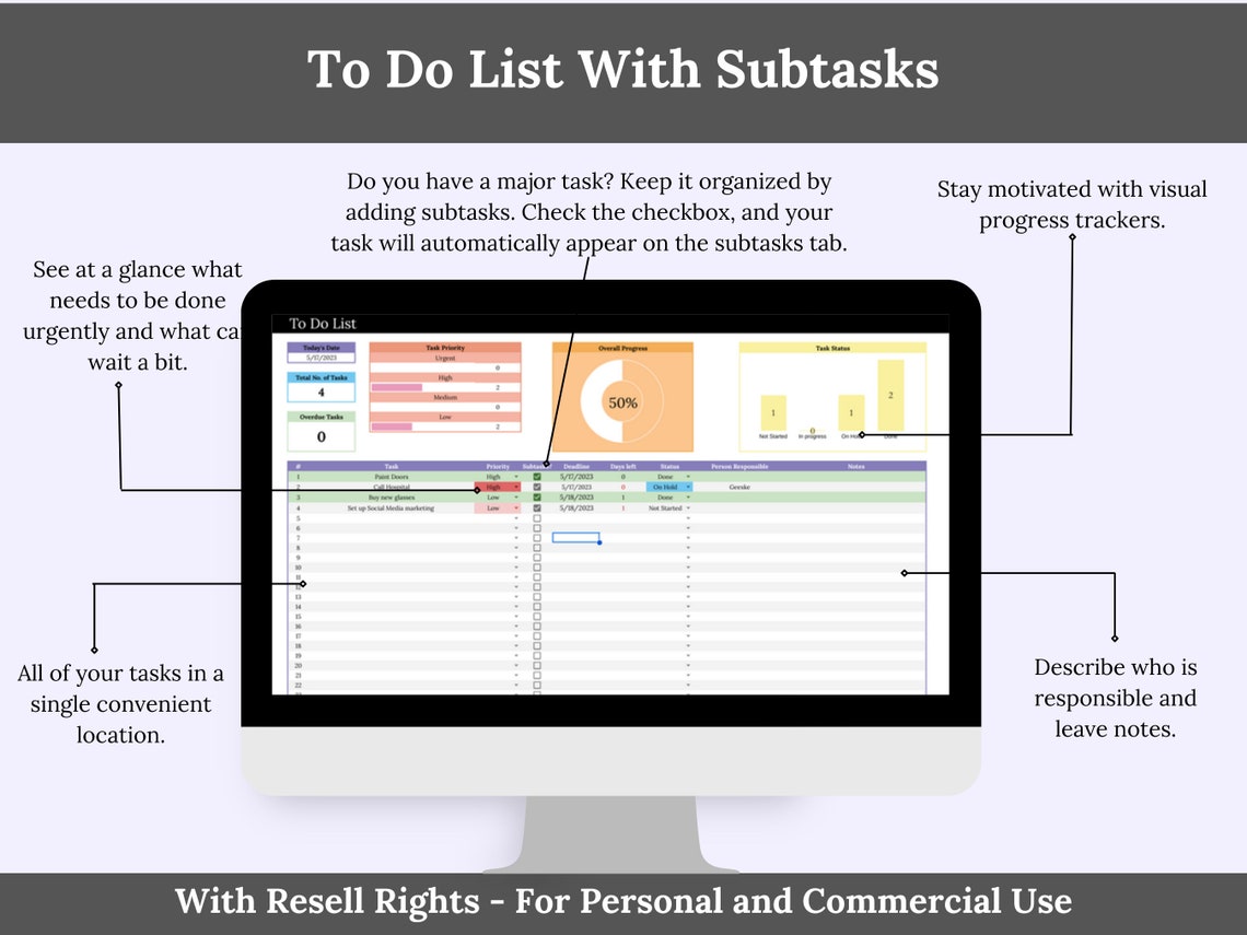 To Do List & Subtasks Google Sheets Template With Resell Rights. PLR