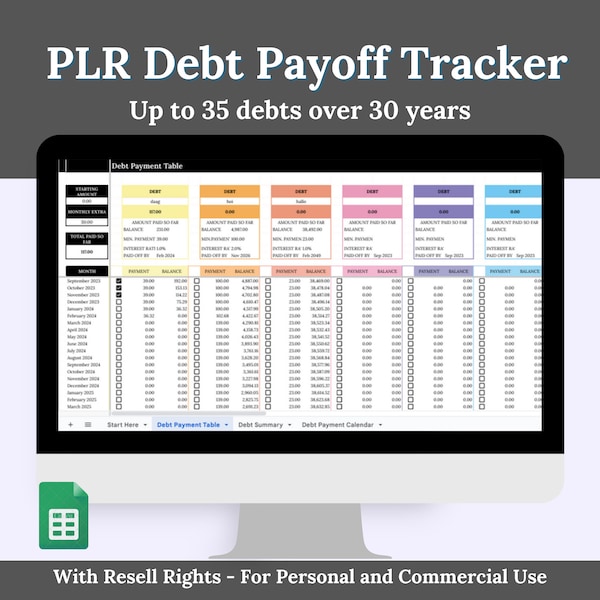 PLR Debt Payoff Tracker Google Sheets Debt Spreadsheet Debt Payoff Tracker mit Resell-Rechten