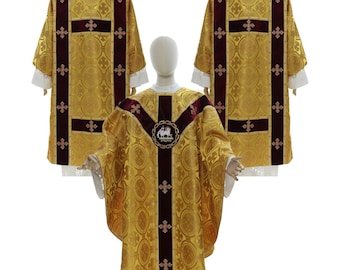 May include: Three gold liturgical vestments with burgundy trim and embroidered details. The center vestment has a large embroidered symbol of a lamb.