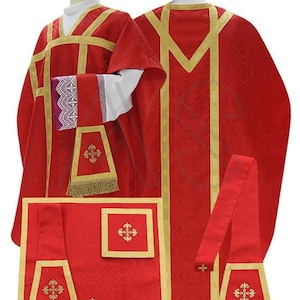 May include: A red liturgical vestment set with gold trim and embroidered crosses. The set includes a chasuble, stole, and two burse.
