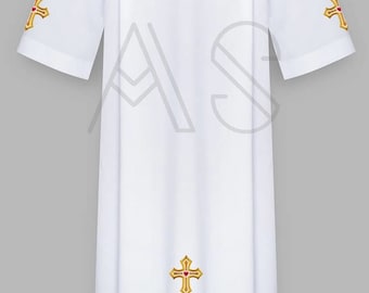White alb with gold embroidered crosses