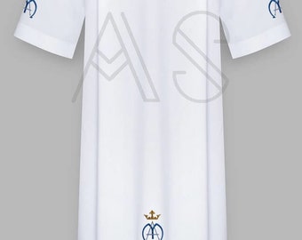 White alb with embroidered Marian symbol "M"